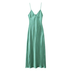 Voguable New Women Green Satin Midi Spaghetti Strap Sexy Dresses Chic Backless V Neck Female Party voguable