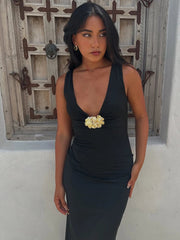 Elegant Deep V Neck Front Gold Clasp Sexy Maxi Dress For Women Black Gown Sleeveless Slim Fit Long Tank Dress Elegant voguable