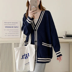 Women Cardigan Sweater Varsity Striped Front Pocket Long Sleeve Button-up Knit Sweater Jacket College Student Girl Preppy Style voguable
