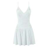 Floral Embroidery Lace Spliced Spaghetti Straps Dress Women V Neck A-line Mini White Knit Sexy Dresses Summer Robe