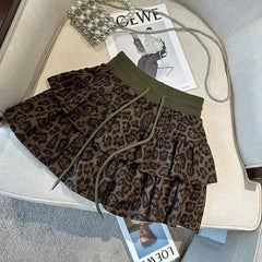 American Leopard Print Women Fluffy Skirts Y2K Summer High Waist Ruffles Mini Skirts Fashion Sweet Preppy All Match A Line Skirt voguable