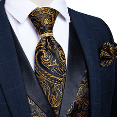 Brand Suit Vest Set For Men Luxury Silk Black Gold Paisley Dress Vest Tie Cufflinks Handkerchief Set Male Sleeveless Waistcoat voguable