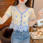Voguable Elegant Color Block Openwork Crochet Short Sleeve Sweater Women's Thin Summer Style Cardigan voguable