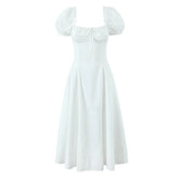 New Women Sexy Off Shoulder Elegant Party Dresses Short Sleeve Lace Up Back A-line Midi Summer Dress Blue White Robe voguable