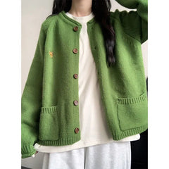 Autumn Winter Women Green Sweaters Coats O-Neck Pockets Embroid Button Fashion Sweet Lazy Wind Long Sleeve Cardigan Knit Tops voguable
