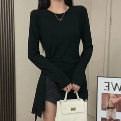Bandage Slit Long Sleeve T-shirt Women Autumn Now Slim Fashion Round Neck Asymmetrical Solid Color Elastic Comfortable Tops voguable