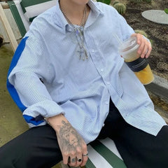 Man Stylish Button Blouse Simple Striped Long Sleeve Summer Spring Cardigan Stripe Blue Classic Casual Oversize Button Up Shirts voguable