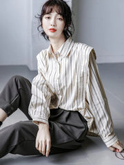 Voguable Elegant Chic Women Striped Shirt Casual Loose Design Blouse Korean Fashion Long Sleeve Simple All Match Office Lady Tops voguable