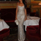 Fashion Rhinestone High Waist Slim Long Dress New Lady Sexy Off Shoulder Party Dress Casual Backless Hollow Suspender Dress Pbong