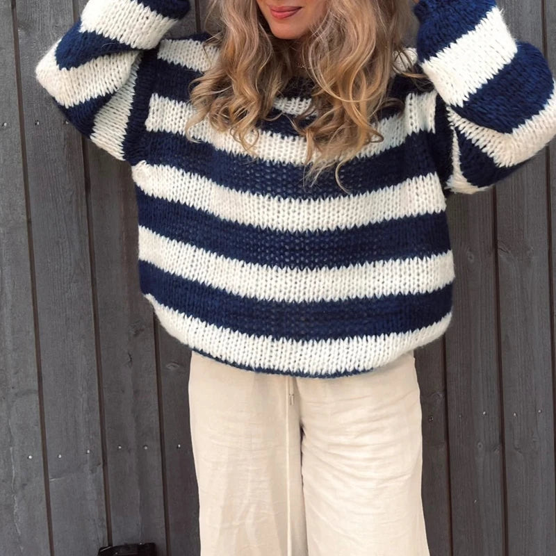 Striped Loose Fit Knitted Pullovers Women Autumn Spring Fashion Long Sleeve Knitwear Vintage Grunge Y2K Sweater Preppy Clothes voguable