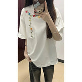 100% Cotton White Embroidered Flowers Short Sleeve for Women Casual Men O-Neck Streetwear Tees oversize Pullover Unisex T-Shirts voguable
