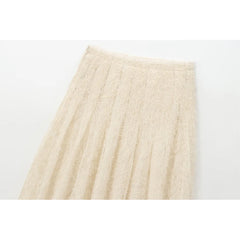 Women Semi-sheer Embroidered Sequin Skirt Vintage High Waist Pleated A-line Midi Skirts Faldas Mujer