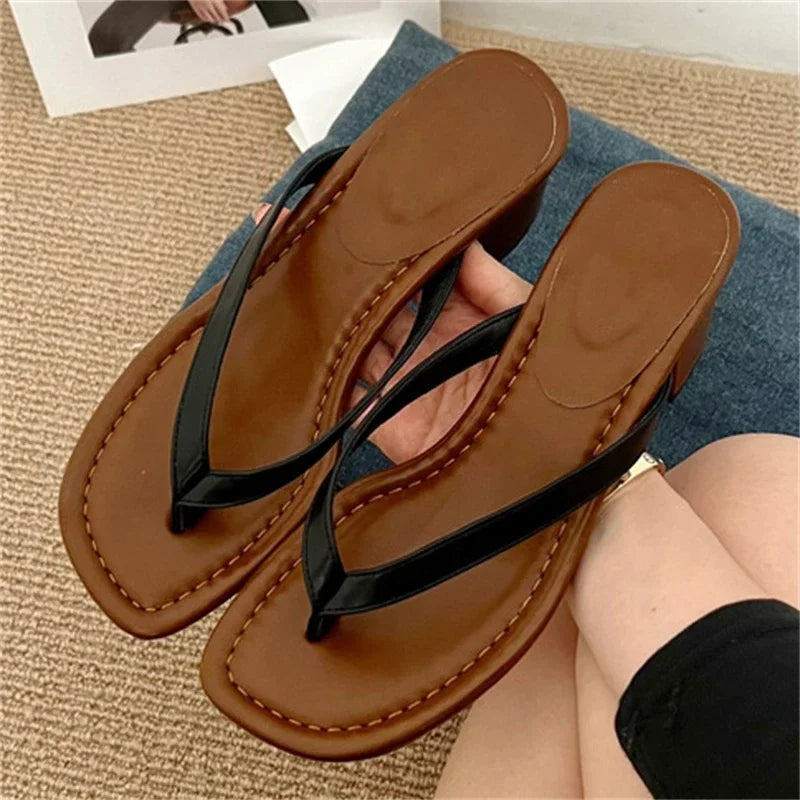 Voguable Summer Clip Toe Square Low Heels Women Slippers Sandals Fashion Casual Flip Flops Party Shoes voguable