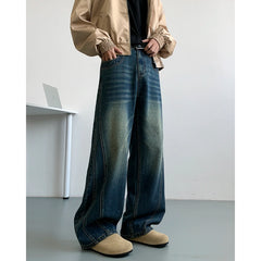 Winter Nostalgic Blue Jeans Men Chic Patchwork Loose Casual Denim Pants Wide Leg Male Straight Mopping Trouser Streetwear