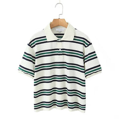 Women American Retro Contrasting Striped T Shirt Women Polo Collar Short Sleeve Preppy Vintage Tees Y2K Tops voguable