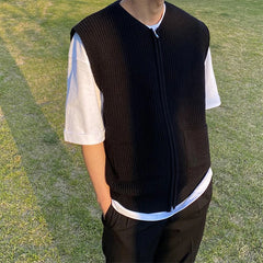Men's Knitted Sleeveless Zipper Sweater Casual Luxury Clothing Waistcoat Tide Port Style Leisure Pullover Spring Retro Knitwear voguable