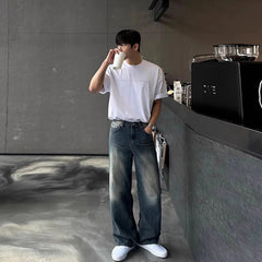 Autumn New Chic Men Straight Jeans Light Luxury Stylish Vintage Denim Pants Korean Style Urban Fashion Leisure Washing Trousers voguable