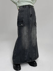 Voguable Vintage Pocket Split Washed Denim Maxi Skirt High Waist Women Y2K Streetwear Long Skirts Harajuku Korean Fairy Grunge voguable