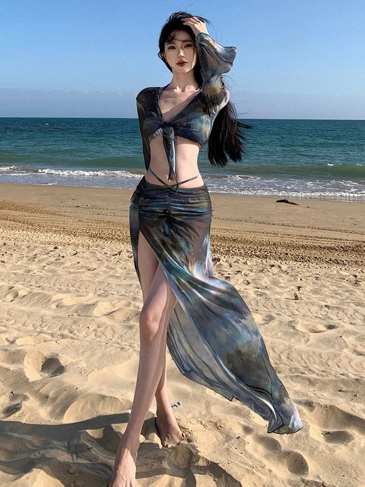 New Bikini Women's Four-Piece Long Skirt Sexy Europe And The United States Slim Spa Resort Bathing Suit