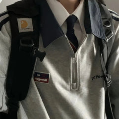 American Style Vintage Autumn Winter Sweatshirts Women Lapel Patchwork Half Zipper Label Preppy Style Long Sleeve Loose Hoodies voguable