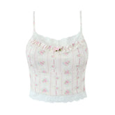 Sweet Women Lace Trim Floral Print Knit Camis French Style Summer Holiday Crop Top