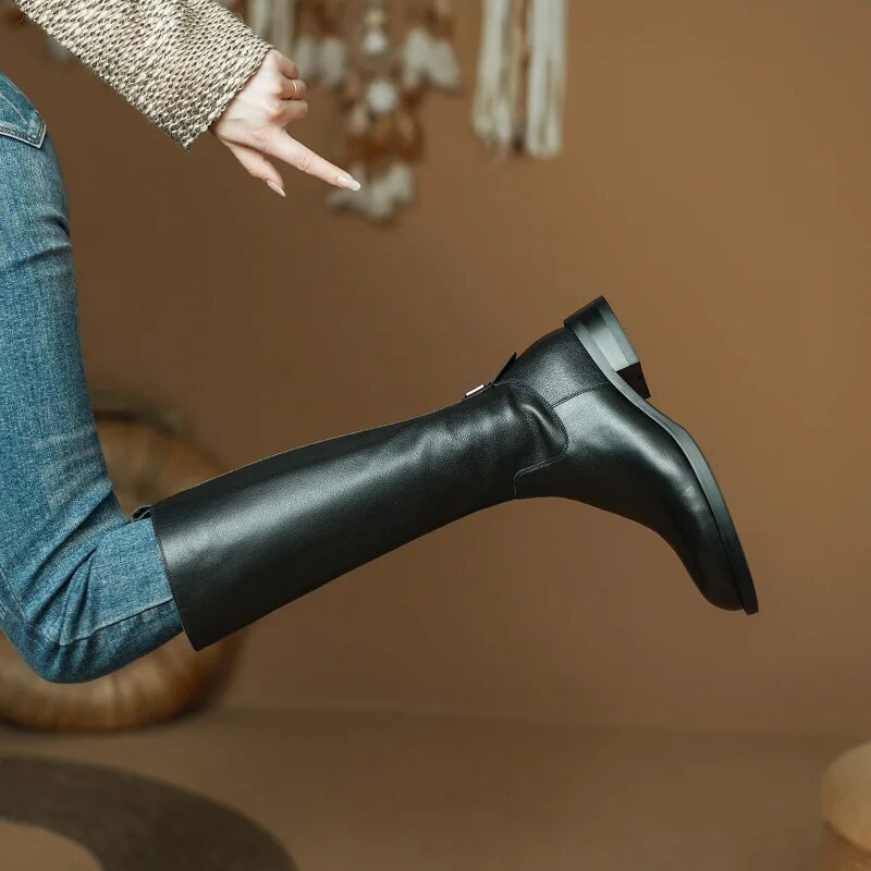 Womens Boots Genuine Leather Knee High Boots for Women Thick Heeled Autumn Winter Warm Shoes Woman High Motorcycle Boots voguable