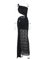 Hollow Out Lace Draped Sexy Maxi Dress For Women Gown Fashion One Shoulder Sleeveless Backless Bodycon Long Dress voguable