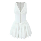 New Women Hollow Out Embroidery White Tank Dress Sleeveless V Neck Low Waist A-line Mini Dresses Summer Cotton Robe voguable