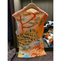 Pleats Original Design T-shirt 2023 Summer Pleated Flower Print Tops Casual Fashion Appear Thin Loose Retro Womens Clothing voguable