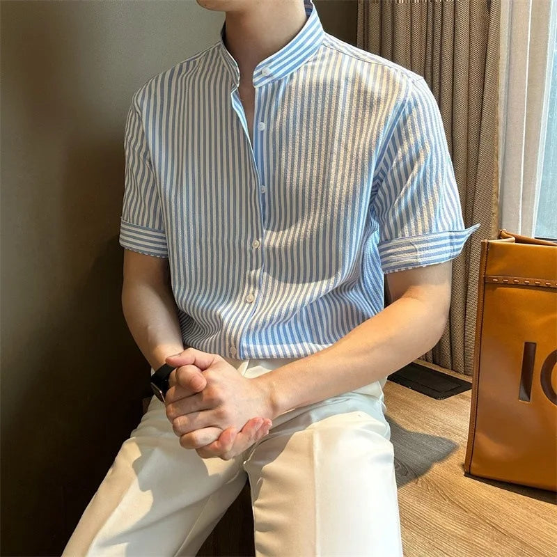 New Fashion Striped Stand Collar Men Shirts Luxury Casual Textured Half Sleeve Cardigan Tops Summer Business Slim-fit Blouse voguable