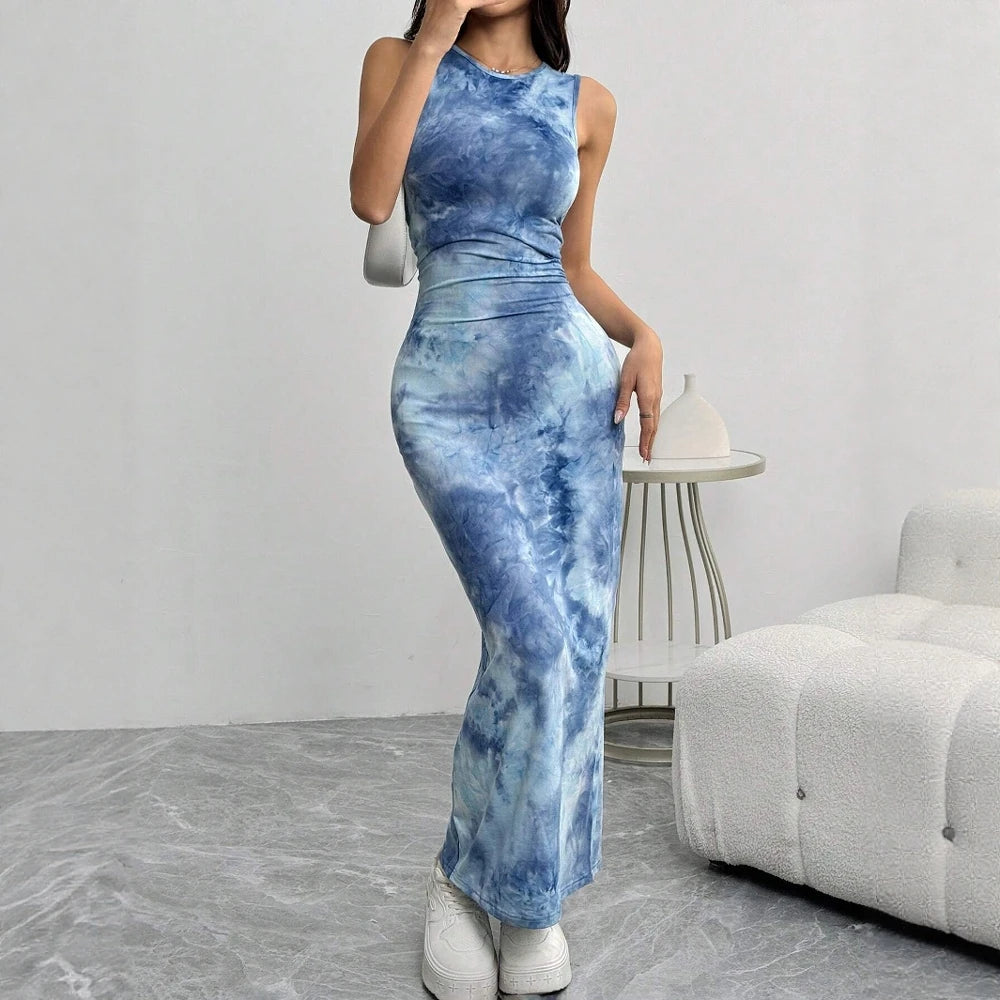 Women's Dresses Summer Elegant Decent 2025 Tie Dye Skinny Fit Sleeveless Round-Neck Wrap Maxi Wrap Party Dresses voguable