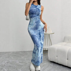 Women's Dresses Summer Elegant Decent 2025 Tie Dye Skinny Fit Sleeveless Round-Neck Wrap Maxi Wrap Party Dresses voguable