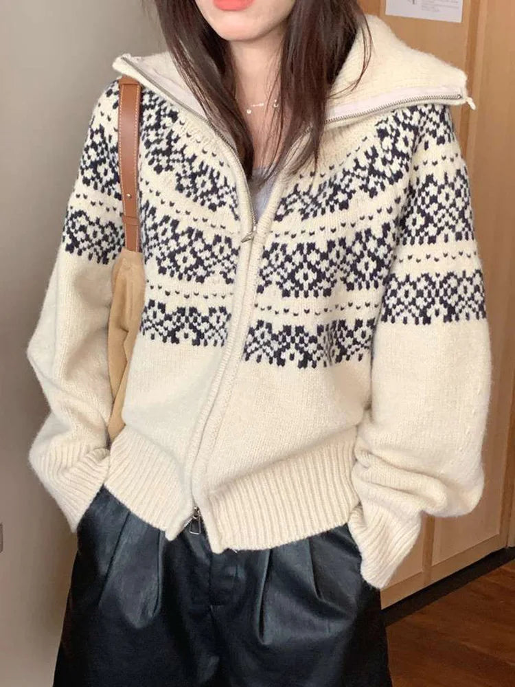 Print Retro Zipper Cardigan Women Loose Turtleneck Long Sleeve Korean Knitted Sweaters Vintage Female Casual Sweet Tops New voguable