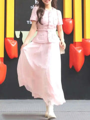 Women's Elegant 2 Pcs Set O Neck Short Sleeve Sequins Tweed Belt Coat High Waist Pleated Skirts Sets 2025 New Autumn voguable