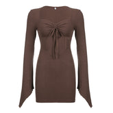 Brown Knitted Drawstring Corset Flare-Sleeve Dress mysite