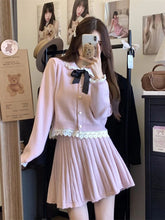Voguable Sweet Knit Two Piece Sets Women Bow Lace Patchwork Peter Pan Collar Long Sleeve Cardigan High Waist Pleated A Line Mini Skirt voguable