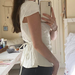 Vintage Folds Crop Top White Button Up Short Sleeve Blouse Women Bandage Korean Fashion T-shirt Casual Streetwear y2k Tee voguable