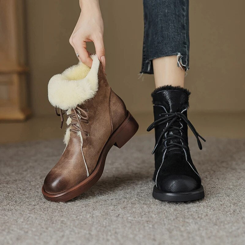 Winter New Women Ankle Boots Thick High Heels Warm Wool Snow Boots Genuine Leather Cross-Tied Popular Shoes Woman Casual voguable