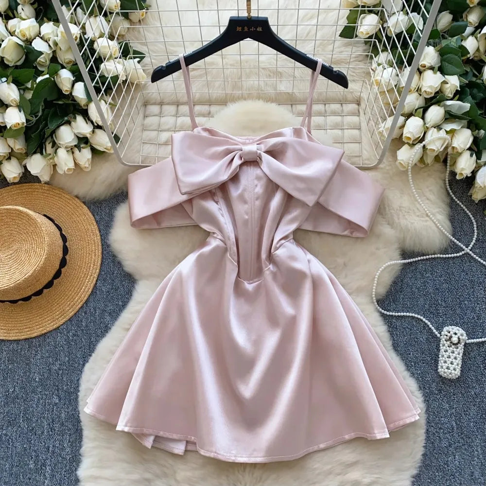 Elegant Sleeveless Vintage Butterfly Bow Sexy Off Shoulder Satin Slim A-line Straps Dresses Birthday Party High Street Clothing voguable