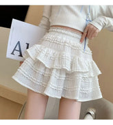 Gidyq Sweet Cute Lace Mini Skirt Women Kawaii White Ruffles Pleated Skirts Summer Korean High Waist Black Casual A Line Skirt voguable