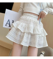 Gidyq Sweet Cute Lace Mini Skirt Women Kawaii White Ruffles Pleated Skirts Summer Korean High Waist Black Casual A Line Skirt voguable