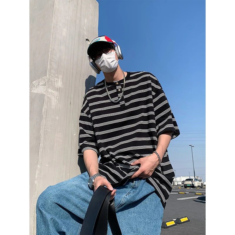 Men Cotton T Shirt Breathable Comfort Round Neck Button Striped Summer Casual Soft Lightweight Streetwear Fashion Cotton Tee Top voguable