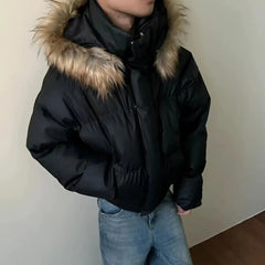 Voguable Black Fur Collar Hooded Coats Winter American High-Street Puffer Jackets Warm Thickened Loose Outerwear Punk Subculture Fashion voguable