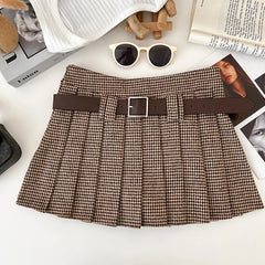 Y2K Low Rise Houndstooth Mini Skirt with Belt Woolen Pleated Mini Skirt Ladies Autumn Winter Outfit voguable