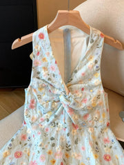 Voguable Sweet And Spicy Floral V-Neck Hanging Neck Vest Women Summer Vacation Knot Sleeveless Shirt Belly Cover Skirt Upper Body voguable