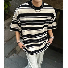 Men Black White Stripe Tshirt Man Loose Fit O Neck Casual Streetwear Fashion Soft Cotton Relaxed Summer Tee Shirt Striped Top voguable
