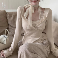 Voguable Vintage Mesh Splicing Pleated Casual Long-sleeved T-shirt Women 2024 Spring New Streetwear Sexy Slim Lace-up Halter Tops voguable