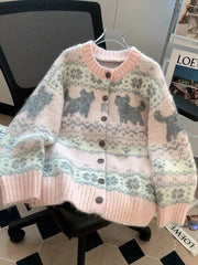 Sweet Pink Cartoon Cardigan Sweaters Women Vintage Lazy Wind Long Sleeve Cute Knitted Coat Casual Japan Kawaii Loose Tops voguable