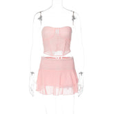 Voguable Pink Lace Floral Women Sexy Cropped Tops and Mini Ruffles Skirts Matching Sets Summer Fashion Two Piece Skirt Outfit Y2K voguable