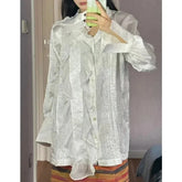 Voguable Vintage Pleated Solid Color All-match Long-sleeved Shirt Women 2024 Spring New Polo Collar Single-breasted Loose Casual Tops voguable